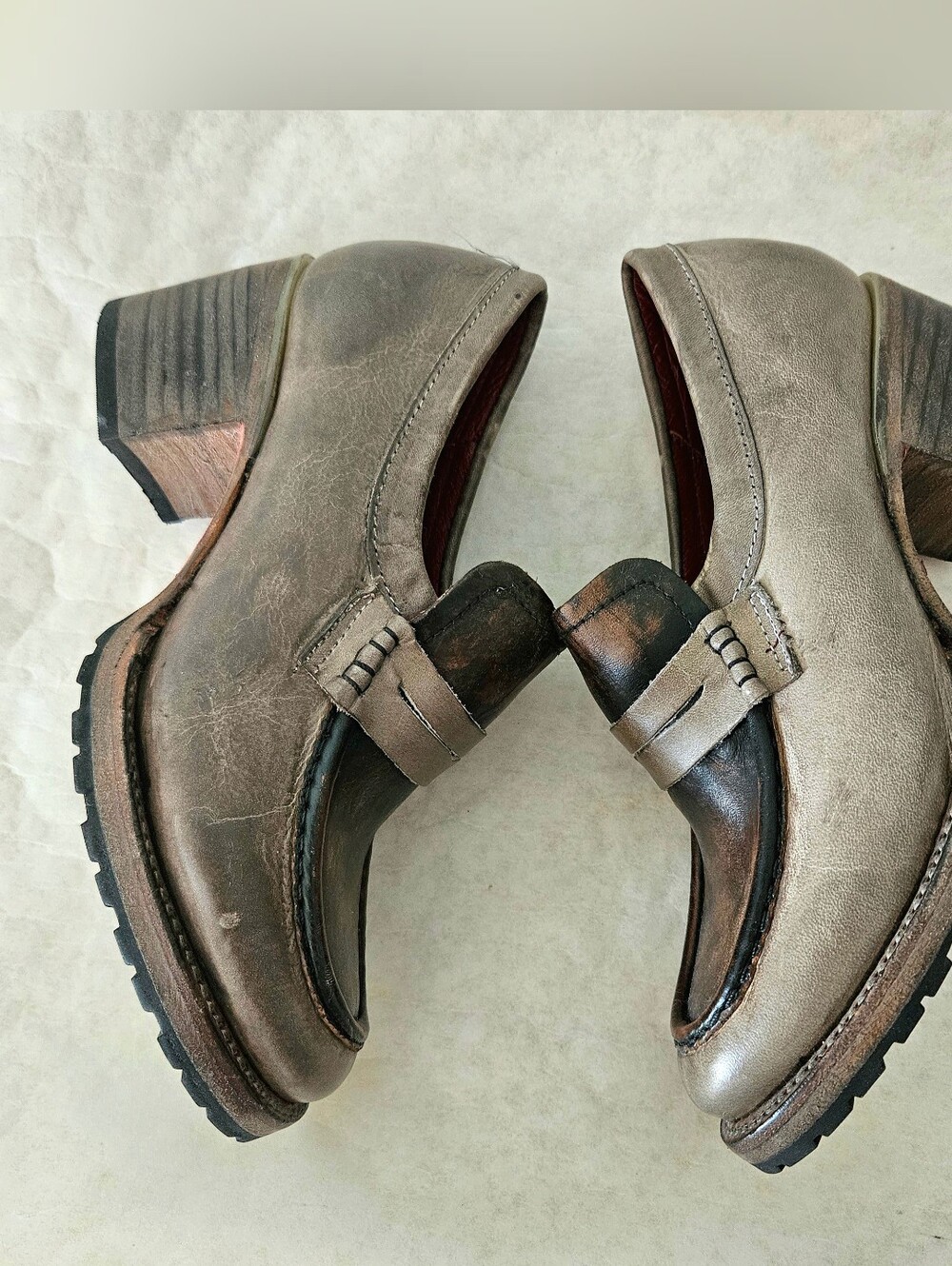 Freebird By Steven Bristol Heeled Penny Loafer Gray Leather Distressed